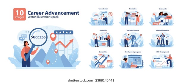 Career Advancement set explores professional growth, showcasing promotion, leadership skills, and income increase. Navigating job success strategies. Flat vector illustration.