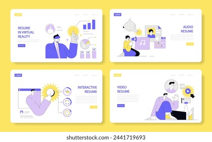 Career Advancement Set. Exploring resumes in virtual reality, crafting audio profiles, engaging through interactive CVs, showcasing talents in video resumes. Vector illustration.