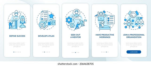 Career advancement steps blue onboarding mobile app page screen. Success walkthrough 5 steps graphic instructions with concepts. UI, UX, GUI vector template with linear color illustrations