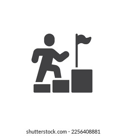 Career advancement vector icon. filled flat sign for mobile concept and web design. Man on staircase with flag glyph icon. Symbol, logo illustration. Vector graphics