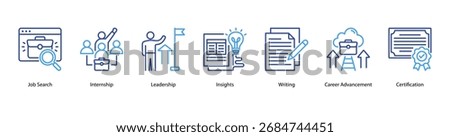 Career Advancement web banner icon vector illustration featuring Job Search, Internship, Leadership, Insights, Writing, Career Advancement, and Certification.