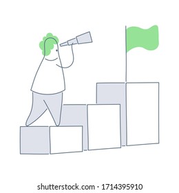 Career Advice, Growth Opportunities Concept. Cute Cartoon Man Standing In Front Of The Growth Chart And Flag-waving On The Highest Column Of The Chart. Flat Outline Vector Illustration On White