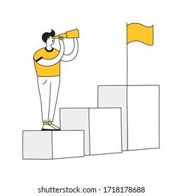 Career Advice, Growth Opportunity Analysis, Financial Planning, Personal Growth Concept. Cute Cartoon Man Standing On The Chart And Flag-waving On The Highest Column Of The Diagram. Flat Line Vector