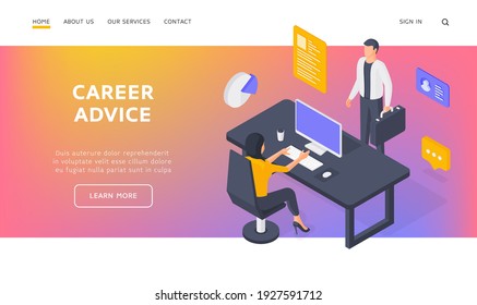 Career advice landing page banner template. Office employees working in company. Man with briefcase standing and woman sitting at desk and browsing data on computer representing employment in company