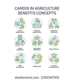 Career in agriculture benefits multi color concept icons. Job opportunity. Farm worker. Rural development. Food production. Icon pack. Vector images. Round shape illustrations. Abstract idea