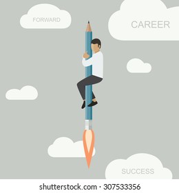 Career background with a man flying up on a rocket-pencil