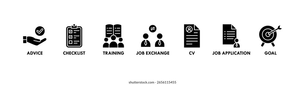 Concepto de Ilustración vectorial de ícono de Web de Anuncio de carrera con ícono de asesoramiento, lista de verificación, capacitación, intercambio de trabajo, CV, solicitud de trabajo y objetivo