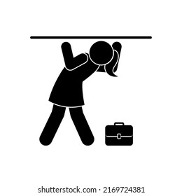 Career barrier for women. The glass ceiling prevents the girl from realizing her professional ambitions. Stick figure isolated vector icon.