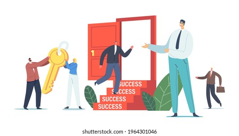 Career Boost, Business Task Solution, Motivation to Success Concept. Business Characters Carry Huge Gold Key to Unlock Door. Competition, Challenge for Leadership. Cartoon People Vector Illustration