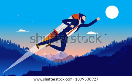 Career boost - Businessman with jetpack flying upwards towards success. Aiming high and motivated man concept. Vector illustration.