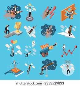 Career boost isometric icon set with different abstract situations and descriptions rockets pointers balloons explosions vector illustration