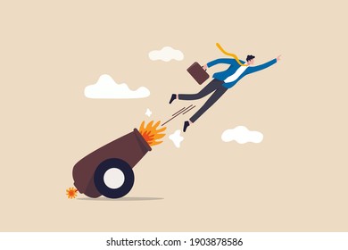 Career boost or job promoted, productivity or advancement in work concept, businessman shot from explosive cannon boosting high to achieve business success.