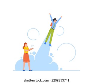 Career Boost, Leadership, Success, Development Concept. Happy Colleague See Off Cheerful Business Worker Flying Off with Jet Pack. Woman Flying Up by Rocket on Back. Cartoon People Vector Illustration