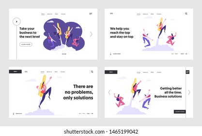 Career Boost, Leadership, Success Website Landing Page Set, Happy Business Workers Flying Off with Jet Pack. Man and Woman Fly Up by Rocket on Back, Web Page. Cartoon Flat Vector Illustration, Banner