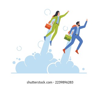 Impulso profesional, Concepto de inicio con un par de personajes de hombres de negocios o mujeres que vuelan con Jet Pack. Trabajadores de oficina vuelan por un cohete en la espalda y se retiran del suelo. Ilustración de vectores de personas de caricatura