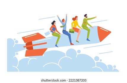 Career Boost, Start Up and Leadership Concept. Cheerful Business Team Flying on Rocket. Men and Women Office Workers Fly Up by Engine to Goal and Success. Cartoon Vector Illustration