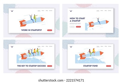 Career Boost, Start Up and Leadership Landing Page Template Set. Cheerful Business Team Flying on Rocket. Men and Women Office Workers Fly Up by Engine to Goal and Success. Cartoon Vector Illustration