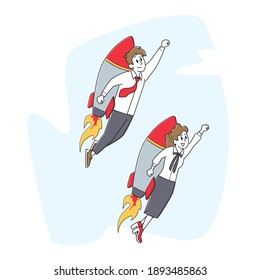 Career Boost, Start Up. Couple of Cheerful Business Man and Woman Characters Flying Off with Jet Pack. Office Workers Flying Up by Rocket on Back Take Off the Ground. Linear People Vector Illustration