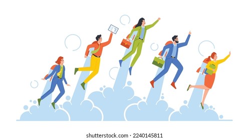 Career Boost, Start Up, Success Concept. Business Men or Women Characters Take Off with Jet Pack or Rocket on Back, People Launch Startup Project, Office Workers Flying Up. Cartoon Vector Illustration