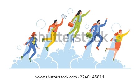 Career Boost, Start Up, Success Concept. Business Men or Women Characters Take Off with Jet Pack or Rocket on Back, People Launch Startup Project, Office Workers Flying Up. Cartoon Vector Illustration
