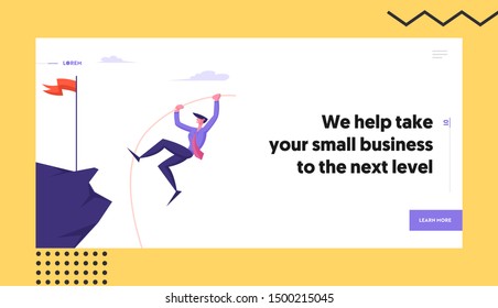 Career Boost and Task Solution Website Landing Page. Overcoming Obstacles and Business Competition, Businessman Pole Vaulting on Top of Rock with Flag Web Page Banner. Cartoon Flat Vector Illustration