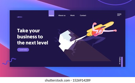Career Boost Website Landing Page. Overcoming Business Difficulties. Cheerful Businessman Office Worker Flying Rocket on Back Punch Through Rock Wall Web Page Banner. Cartoon Flat Vector Illustration