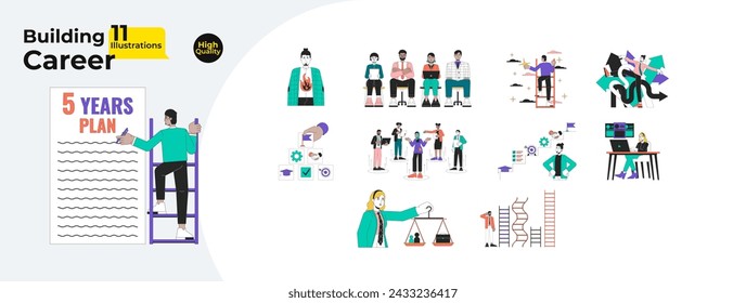 Career building 2D linear illustrations concepts bundle. Job candidates diverse cartoon characters isolated on white. Burnout, achievements metaphors abstract flat vector outline graphic collection