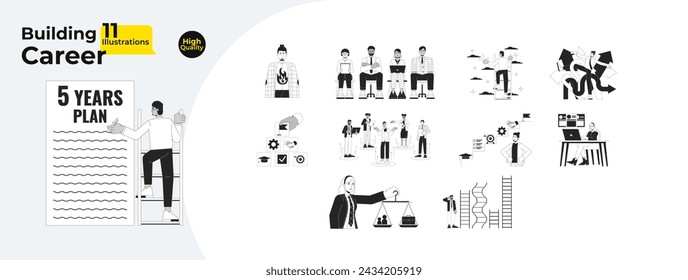 Career building black and white 2D illustrations concepts bundle. Job candidates diverse cartoon outline characters isolated on white. Burnout, achievements metaphors monochrome vector art collection