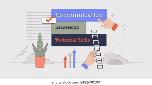 Bloques de construcción de la carrera como el crecimiento de las habilidades de la persona pequeña concepto de neburutalismo. Comunicación, liderazgo y competencias técnicas como combinación de competencias para una Ilustración vectorial efectiva en el desarrollo del trabajo.