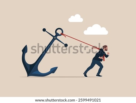 Career burden. Hard work and struggle in business. Businessman trying hard to run forward with anchor. Flat vector illustration