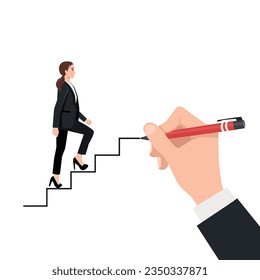 Career, business concept sketch, vector illustration. The businesswoman climbs the stairs. Flat vector illustration isolated on white background