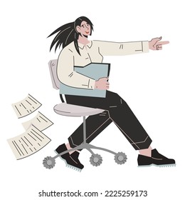 Career and business opportunity, flat cartoon vector illustration isolated on white background. Business woman pointing forward sitting on chair. Business and career goals achievement.