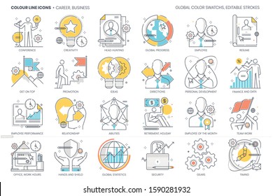 Career, business related, color line, vector icon, illustration set. The set is about businessman, application, finance, employee, office space, recruitment, company, presentation, market.