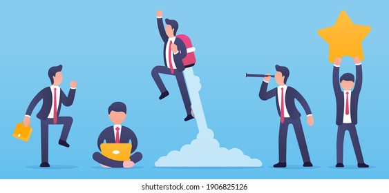 Career and business vector concept. Set of Businessmen in different poses and with different emotions on an isolated background. Success, striving upward, searching for new ideas, choosing a strategy.