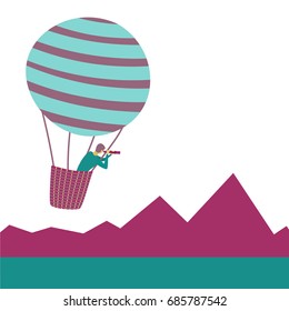 Career Or Business Vision Concept With A Man Flying  In A Hot Air Ballon And  Searching For New Goals, Perspective And Opportunities. Vector Illustration. 