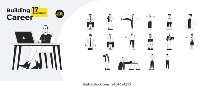 Career businesspeople black and white cartoon flat illustration bundle. Adults professionals 2D lineart characters isolated. Managers employees office monochrome vector outline image collection