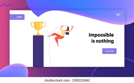 Career Challenge and Goal Achievement Website Landing Page. Brave Businesswoman Pole Vaulting on Top of Pedestal with Golden Cup. Business Competition Web Page Banner. Cartoon Flat Vector Illustration