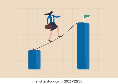 Career challenge or growth and improvement, risk taking to be success or leadership to overcome difficulty to achieve target concept, confidence businesswoman walking on the rope up to higher goal.