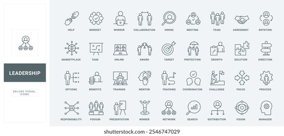 Desafío de carrera y colaboración, estructura de equipo y red, organización de trabajo de gerentes delgada Ilustración vectorial de símbolos de contorno negro. Conjunto de iconos de línea de opciones de liderazgo y líderes empresariales.