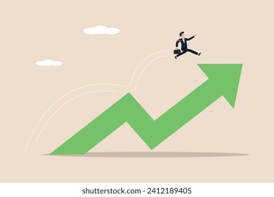 Career challenges, growth leaps, growing or accumulating wealth, rising asset prices, businessman jumping arrow chart.