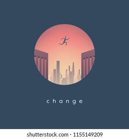 Career change business vector concept with businessman jumping from one skyscraper to another. Symbol of challenge, opportunity and success. Eps10 vector illustration.