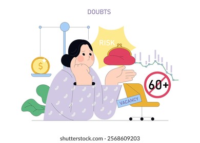 Career change concept. Anxious person weighing job options amidst risks and age concerns. Pondering financial stakes in professional transition. Vector illustration.