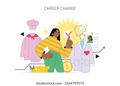 Career Change concept. Individual transitioning from culinary arts to healthcare, representing professional growth and new ambitions. Confident choice, decision making. Vector illustration.