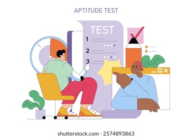 Career change concept. Individuals engage with an aptitude test on a computer for professional development. Assessment in a modern workspace setting. Vector illustration.