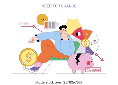 Career Change concept. A person contemplates the need for job transition amidst various life aspects. Work-life balance, financial goals, and personal growth. Vector illustration.