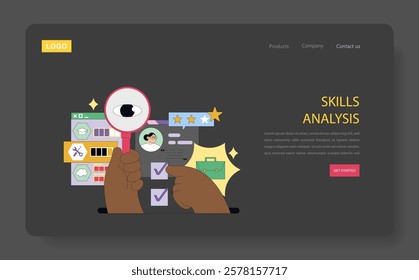 Career Change concept. Professional skill evaluation with magnifying glass highlighting qualifications and strengths. Vector illustration.