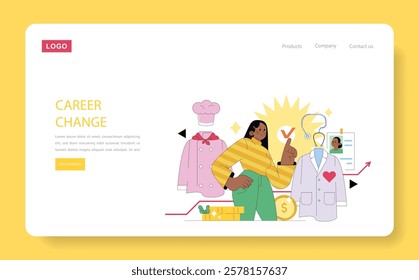 Career Change concept. Transition from chef to doctor showcased with evolving professional attire and positive growth. Personal development and job swap. Vector illustration.