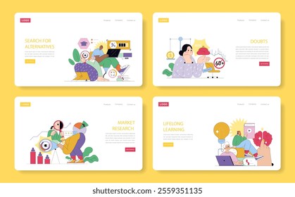 Career Change set. Exploring new opportunities, facing uncertainties, analyzing markets, and continuous self-improvement. Personal growth depicted in four scenes. Vector illustration.