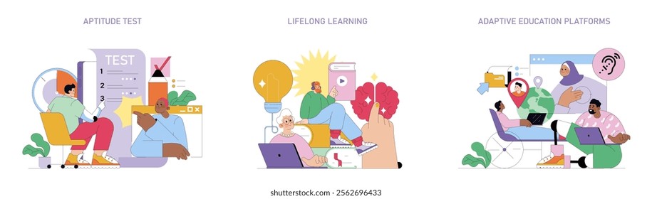 Career Change set. Professionals engaging in skill assessments, continuous learning, and adaptive online education. Illustrations of personal development journey. Vector illustration.