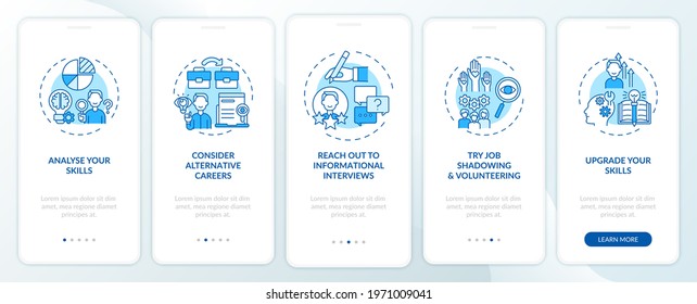 Career change steps onboarding mobile app page screen with concepts. Find new job tips walkthrough 5 steps graphic instructions. UI, UX, GUI vector template with linear day mode illustrations